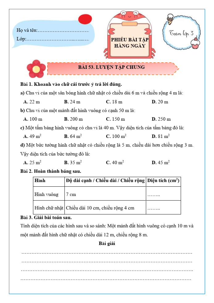 Bài tập hàng ngày Toán lớp 3 Bài 53: Luyện tập chung | Kết nối tri thức