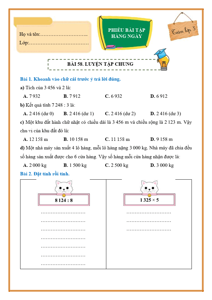 Bài tập hàng ngày Toán lớp 3 Bài 58: Luyện tập chung | Kết nối tri thức