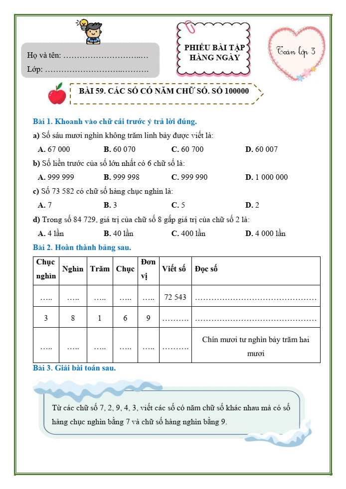 Bài tập hàng ngày Toán lớp 3 Bài 59: Các số có năm chữ số. Số 100000 | Kết nối tri thức