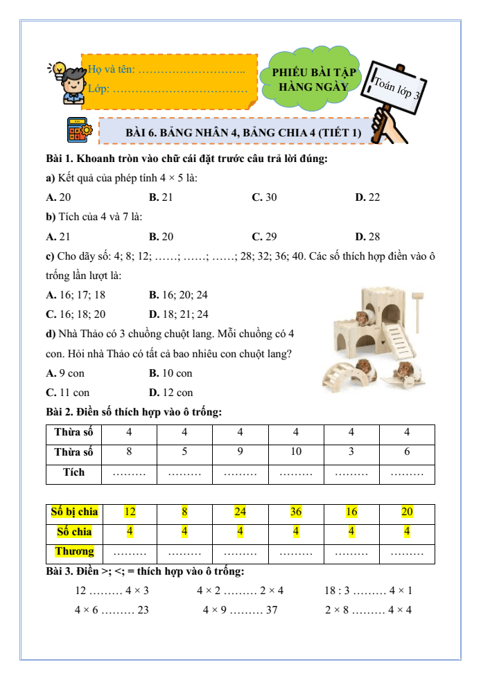 Bài tập hàng ngày Toán lớp 3 Bài 6: Bảng nhân 4, bảng chia 4 | Kết nối tri thức