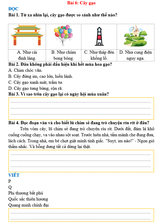 Bài tập hàng ngày Tiếng Việt lớp 3 Bài 6: Cây gạo | Kết nối tri thức