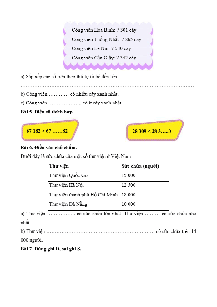 Bài tập hàng ngày Toán lớp 3 Bài 60: So sánh các số trong phạm vi 100000 | Kết nối tri thức