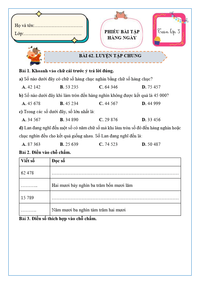 Bài tập hàng ngày Toán lớp 3 Bài 62: Luyện tập chung | Kết nối tri thức