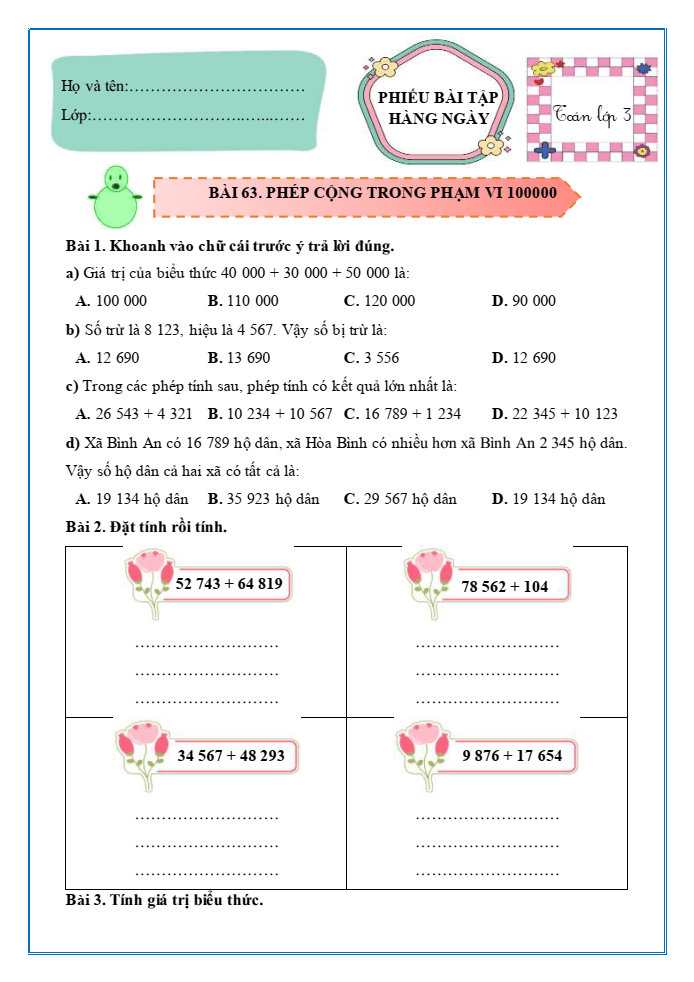 Bài tập hàng ngày Toán lớp 3 Bài 63: Phép cộng trong phạm vi 100000 | Kết nối tri thức