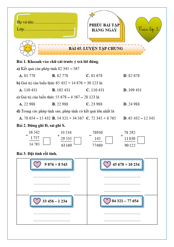 Bài tập hàng ngày Toán lớp 3 Bài 65: Luyện tập chung | Kết nối tri thức