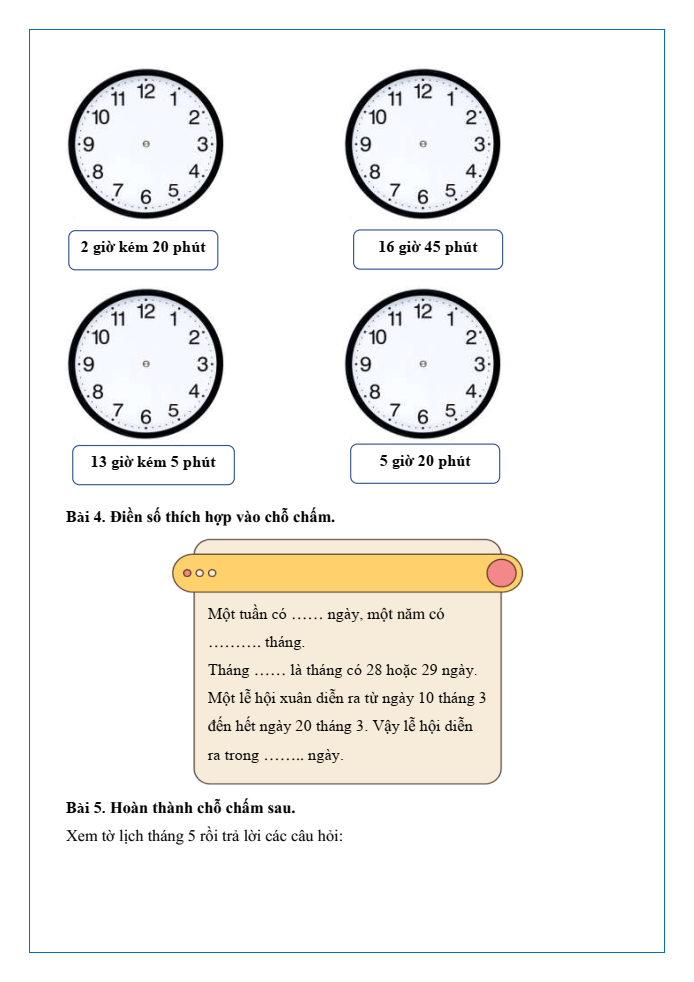 Bài tập hàng ngày Toán lớp 3 Bài 66: Xem đồng hồ. Tháng - năm | Kết nối tri thức