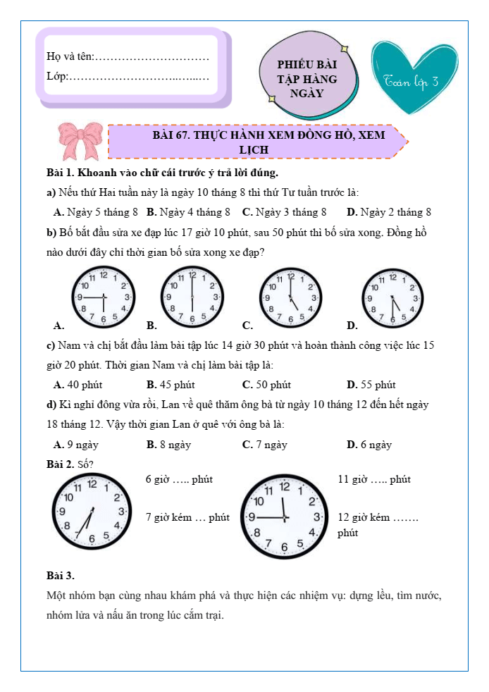 Bài tập hàng ngày Toán lớp 3 Bài 67: Thực hành xem đồng hồ, xem lịch | Kết nối tri thức