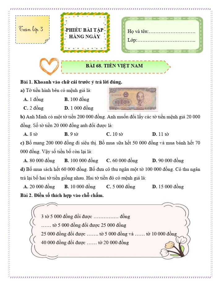 Bài tập hàng ngày Toán lớp 3 Bài 68: Tiền Việt Nam | Kết nối tri thức