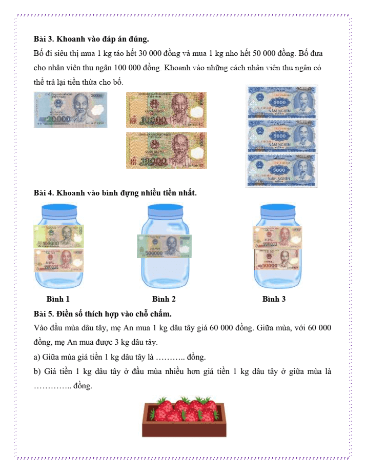 Bài tập hàng ngày Toán lớp 3 Bài 68: Tiền Việt Nam | Kết nối tri thức
