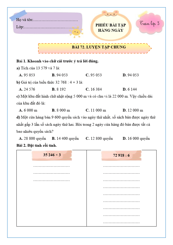 Bài tập hàng ngày Toán lớp 3 Bài 72: Luyện tập chung | Kết nối tri thức
