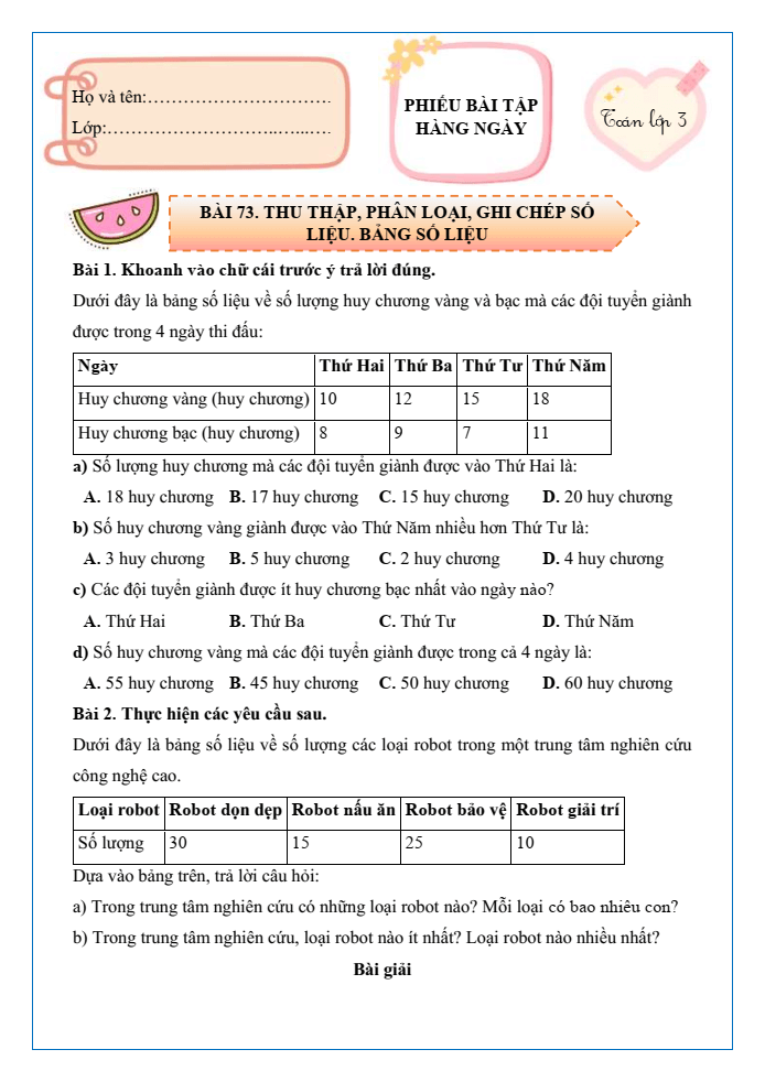Bài tập hàng ngày Toán lớp 3 Bài 73: Thu thập, phân loại, ghi chép số liệu. Bảng số liệu | Kết nối tri thức
