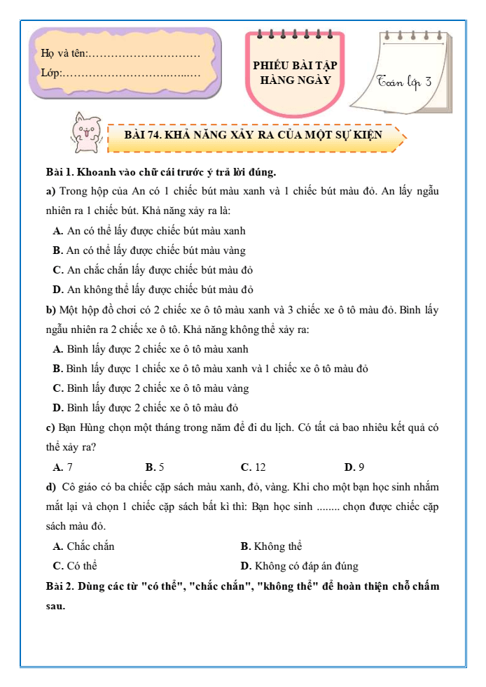 Bài tập hàng ngày Toán lớp 3 Bài 74: Khả năng xảy ra của một sự kiện | Kết nối tri thức