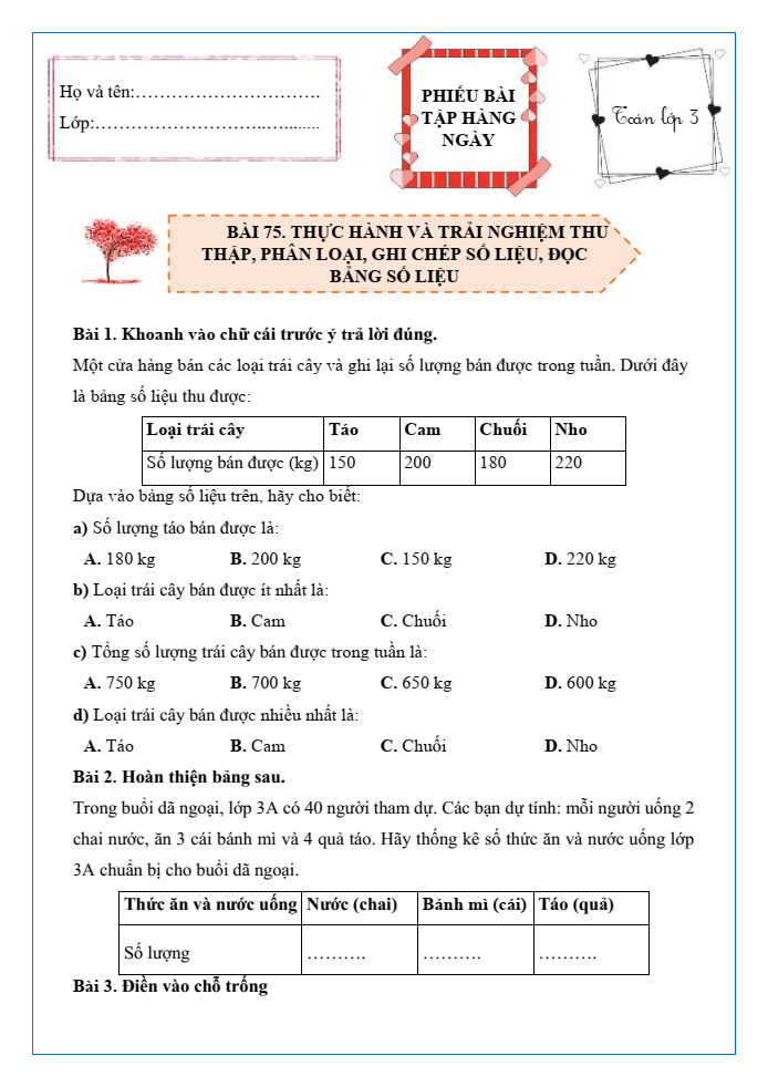 Bài tập hàng ngày Toán lớp 3 Bài 75: Thực hành và trải nghiệm thu thập, phân loại, ghi chép số liệu, đọc bảng số liệu | Kết nối tri thức