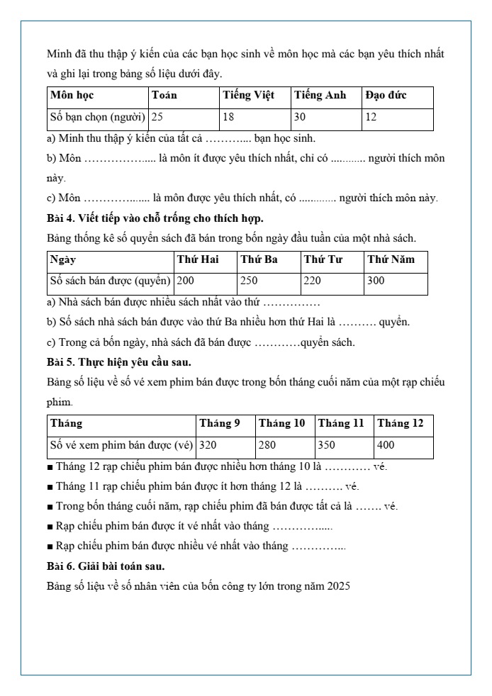 Bài tập hàng ngày Toán lớp 3 Bài 75: Thực hành và trải nghiệm thu thập, phân loại, ghi chép số liệu, đọc bảng số liệu | Kết nối tri thức