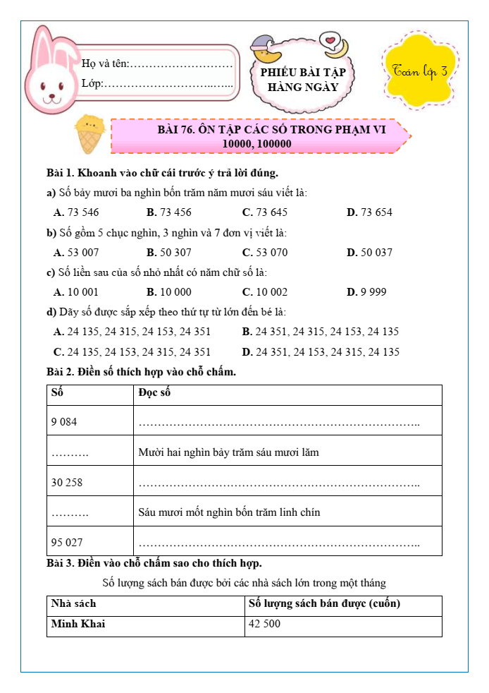Bài tập hàng ngày Toán lớp 3 Bài 76: Ôn tập các số trong phạm vi 10000, 100000 | Kết nối tri thức