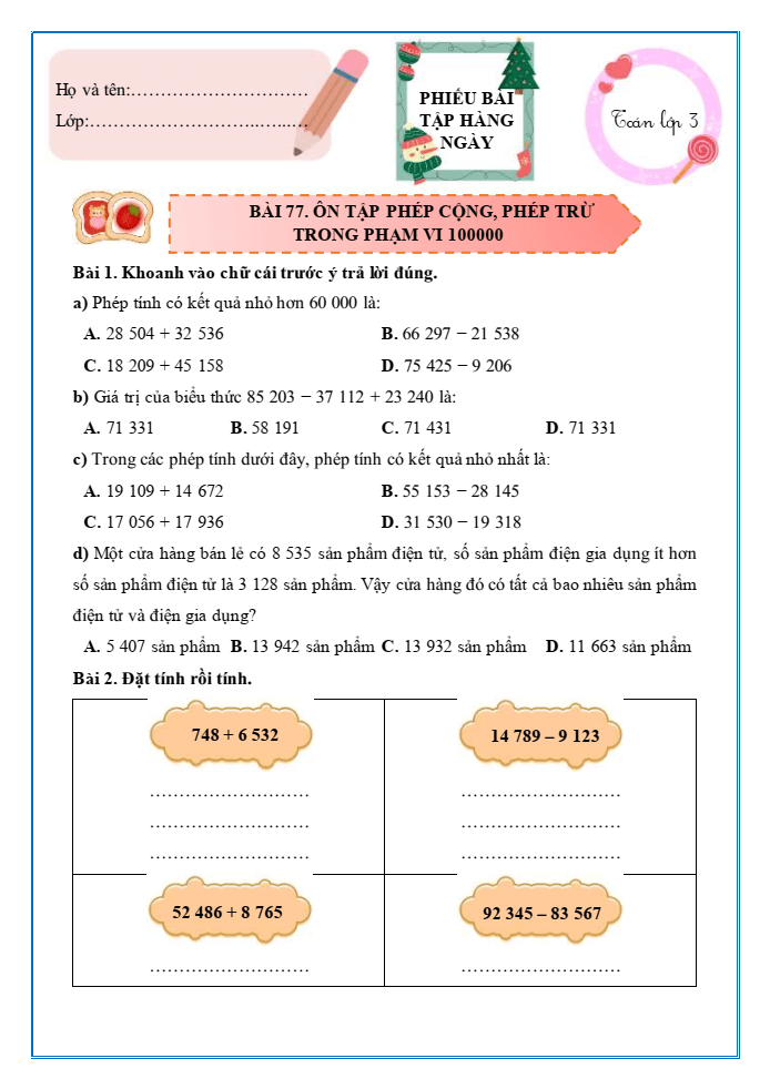 Bài tập hàng ngày Toán lớp 3 Bài 77: Ôn tập phép cộng, phép trừ trong phạm vi 100000 | Kết nối tri thức