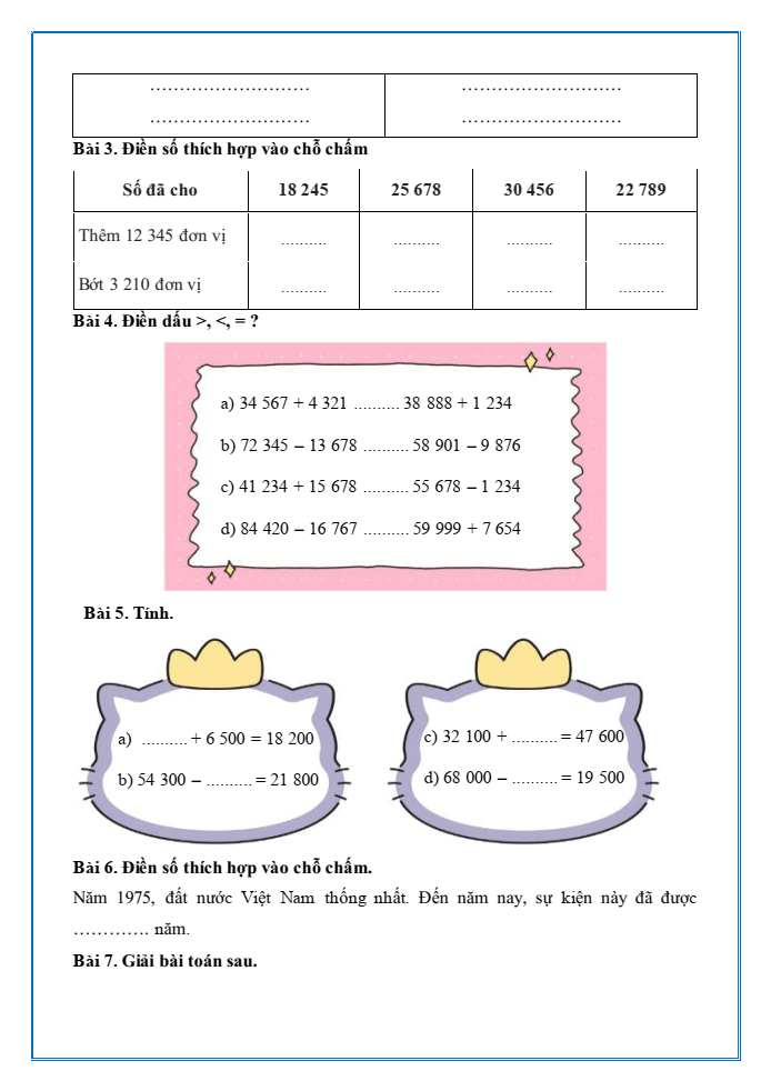 Bài tập hàng ngày Toán lớp 3 Bài 77: Ôn tập phép cộng, phép trừ trong phạm vi 100000 | Kết nối tri thức