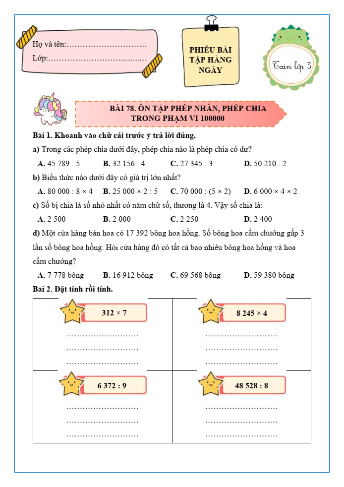 Bài tập hàng ngày Toán lớp 3 Bài 78: Ôn tập phép nhân, phép chia trong phạm vi 100000 | Kết nối tri thức