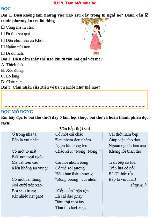Bài tập hàng ngày Tiếng Việt lớp 3 Bài 8: Tạm biệt mùa hè | Kết nối tri thức