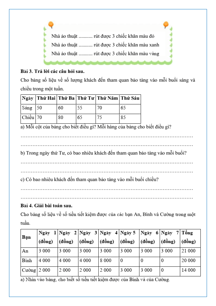 Bài tập hàng ngày Toán lớp 3 Bài 80: Ôn tập bảng số liệu, khả năng xảy ra của một sự kiện | Kết nối tri thức