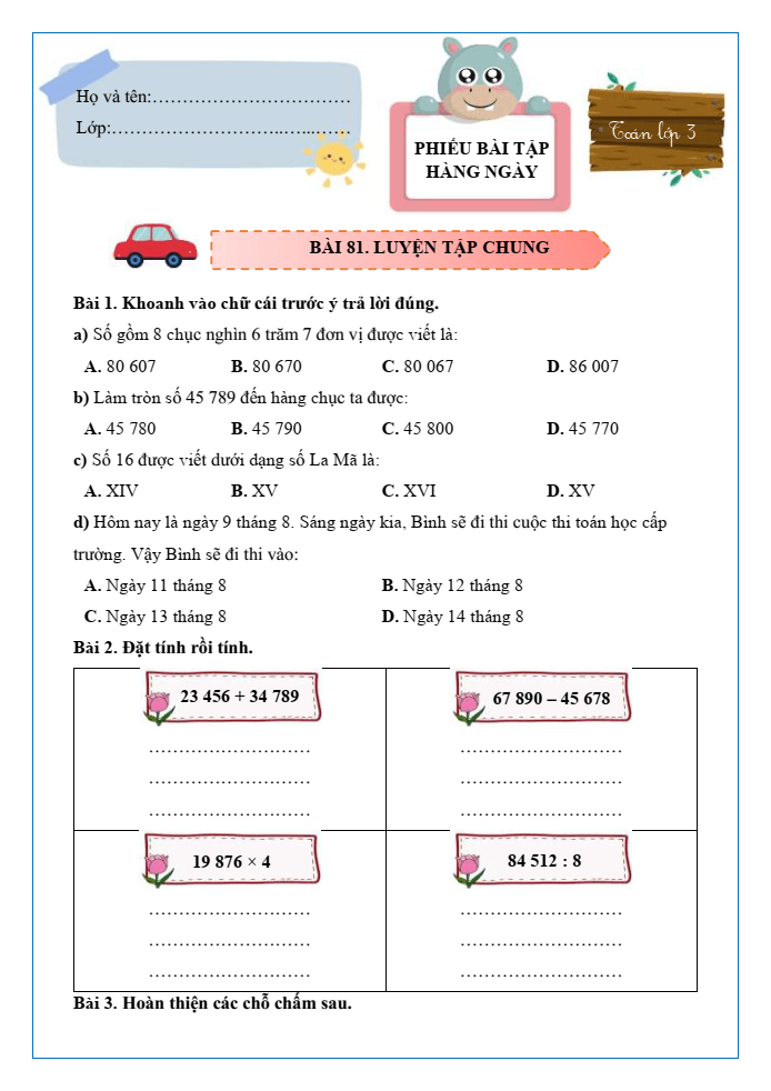 Bài tập hàng ngày Toán lớp 3 Bài 81: Ôn tập chung | Kết nối tri thức