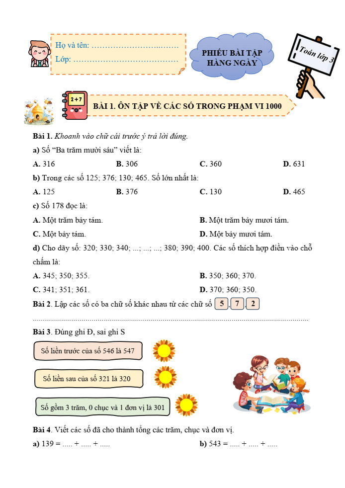 Bài tập hàng ngày Toán lớp 3 Cánh diều Học kì 1 (có lời giải)