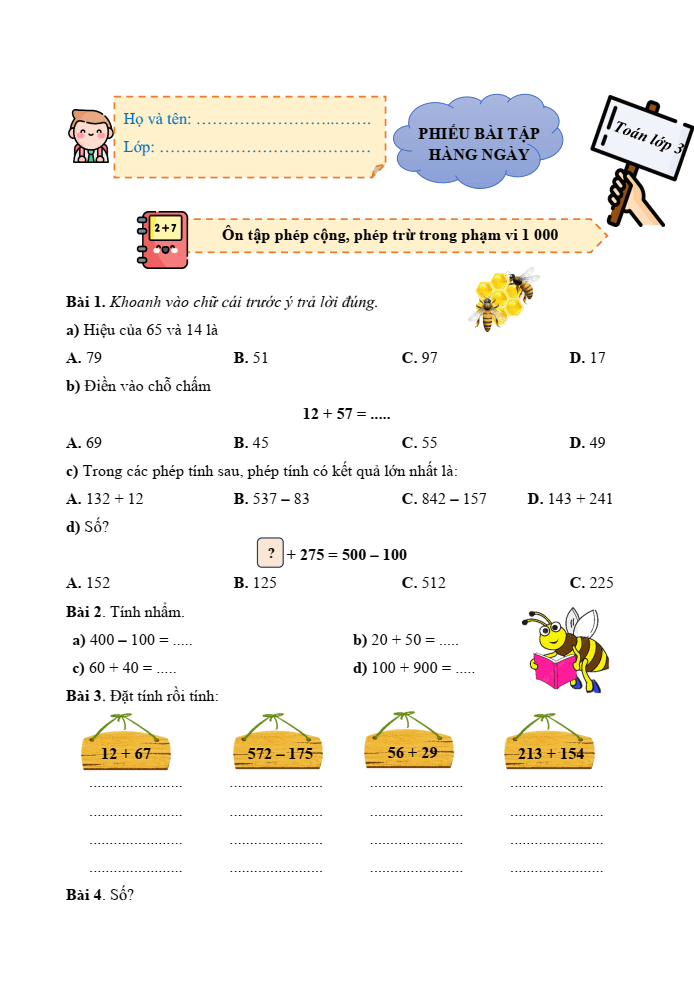 Bài tập hàng ngày Toán lớp 3 Cánh diều Học kì 1 (có lời giải)