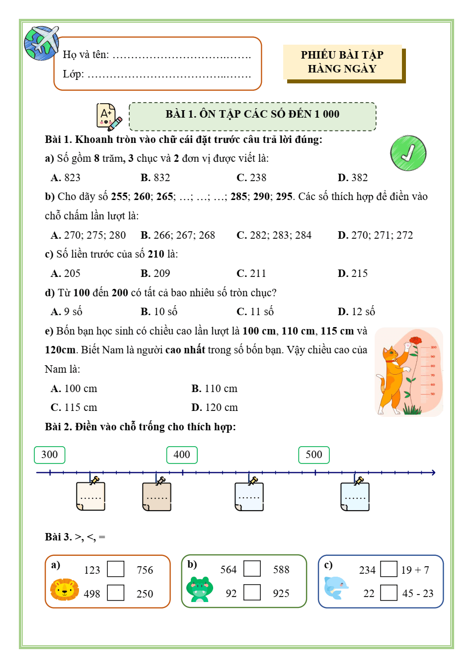 Bài tập hàng ngày Toán lớp 3 Chân trời sáng tạo Học kì 1 (có lời giải)