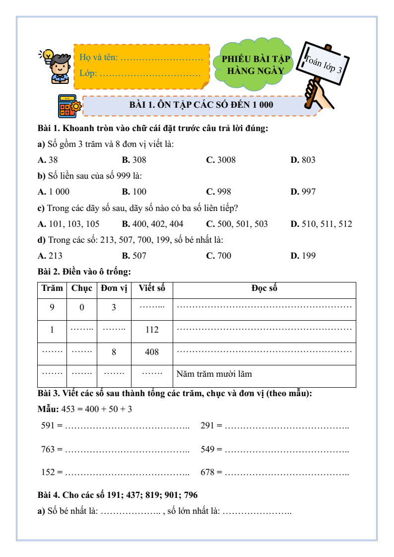 Bài tập hàng ngày Toán lớp 3 Kết nối tri thức Học kì 1 (có lời giải)