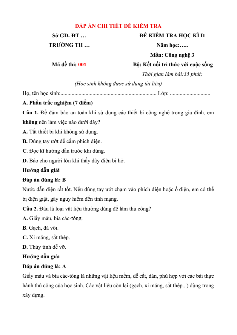 6+ Đề thi Học kì 2 Công nghệ lớp 3 Kết nối tri thức (có đáp án, cấu trúc mới)