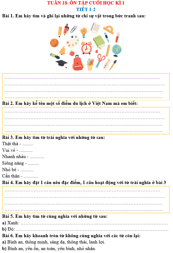 Bài tập hàng ngày Tiếng Việt lớp 3 Ôn tập cuối học kì 1 | Kết nối tri thức