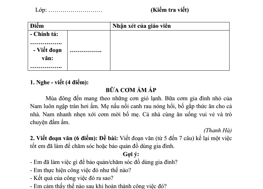 Đề thi Học kì 1 Tiếng Việt lớp 3 năm 2023-2024 trường Tiểu học Bình Thuận