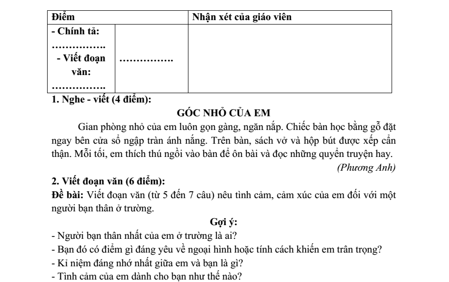 Đề thi Học kì 1 Tiếng Việt lớp 3 năm 2023-2024 trường Tiểu học Hạ Yên Quyết (Hà Nội)