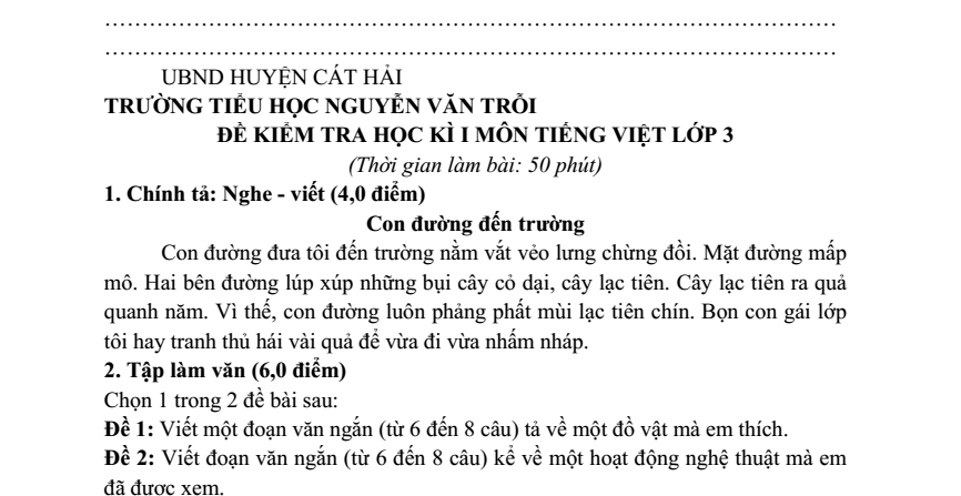 Đề thi Học kì 1 Tiếng Việt lớp 3 năm 2024-2025 trường Tiểu học Nguyễn Văn Trỗi (Hải Phòng)