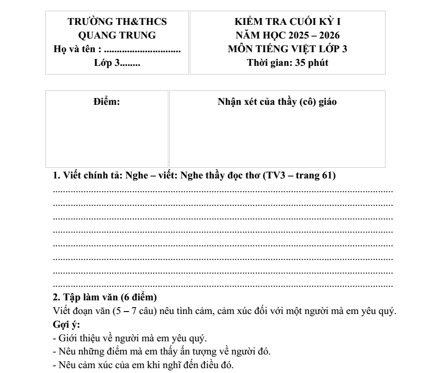Đề thi Học kì 1 Tiếng Việt lớp 3 năm 2025-2026 trường TH&THCS Quang Trung (Hưng Yên)