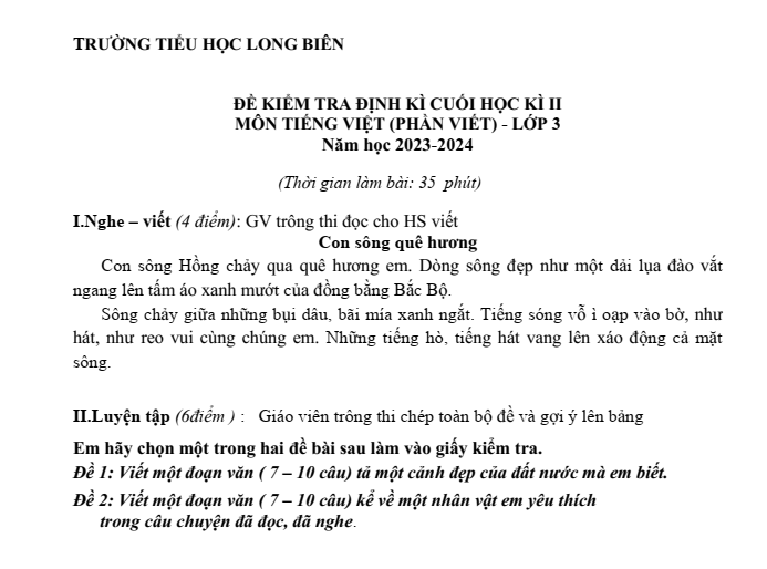 Đề thi Học kì 2 Tiếng Việt lớp 3 năm 2023-2024 trường Tiểu học Long Biên (Hà Nội)