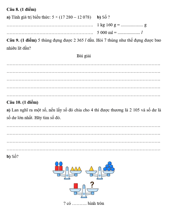 Đề thi Học kì 2 Toán lớp 3 năm 2025-2026 trường Tiểu học Đồng Hòa (Hải Phòng)