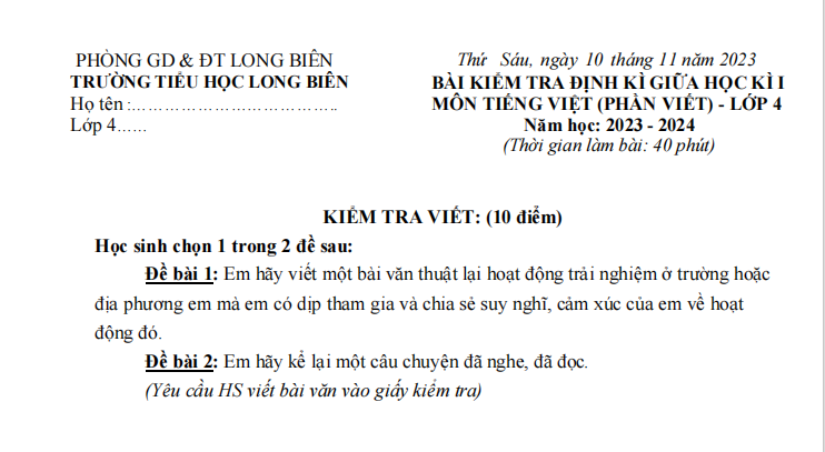 Đề thi Giữa kì 1 Tiếng Việt lớp 4 năm 2023-2024 trường Tiểu học Long Biên (Hà Nội)