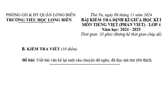 Đề thi Giữa kì 1 Tiếng Việt lớp 4 năm 2024-2025 trường Tiểu học Long Biên (Hà Nội)