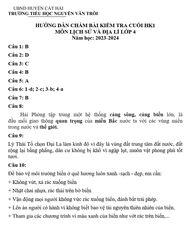 Đề thi Học kì 1 Lịch Sử và Địa Lí lớp 4 năm 2023-2024 trường Tiểu học Nguyễn Văn Trỗi (Hải Phòng)
