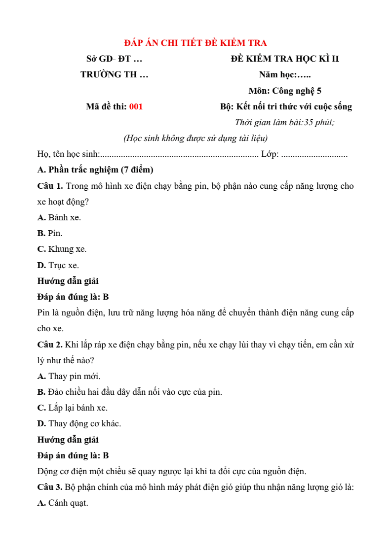 5+ Đề thi Học kì 2 Công nghệ lớp 5 Kết nối tri thức có đáp án (có đáp án, cấu trúc mới)