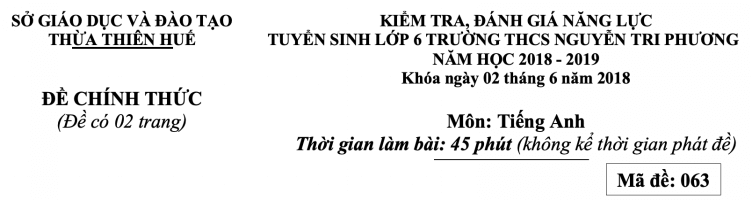 Đề thi vào lớp 6 môn Tiếng Anh trường Nguyễn Tri Phương (năm 2018)