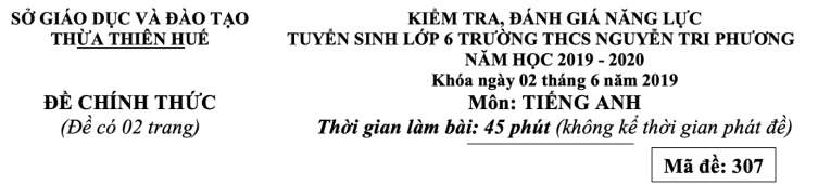 Đề thi vào lớp 6 môn Tiếng Anh trường Nguyễn Tri Phương (năm 2019)