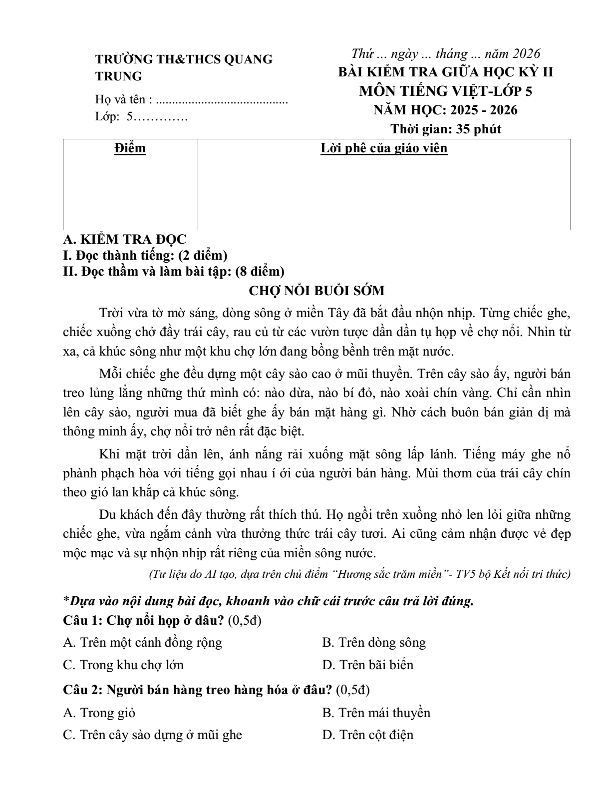 Đề thi Giữa kì 2 Tiếng Việt lớp 5 năm 2025-2026 trường TH&THCS Quang Trung