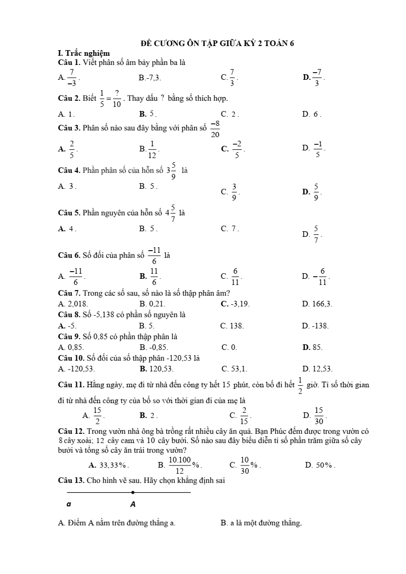 Đề cương ôn tập Giữa kì 2 Toán 6 trường THCS Thanh An (Quảng Trị) năm 2025-2026