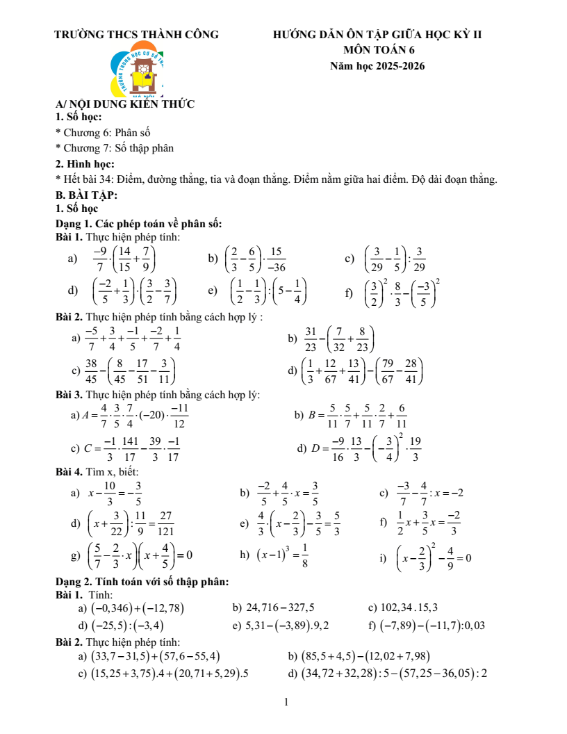 Đề cương ôn tập Giữa kì 2 Toán 6 trường THCS Thành Công (Hà Nội) năm 2025-2026