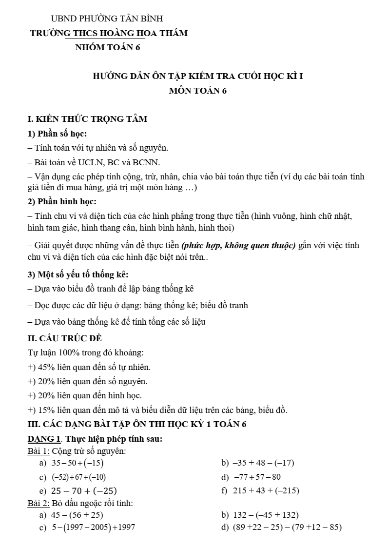 Đề cương ôn tập Học kì 1 Toán 6 trường THCS Hoàng Hoa Thám năm 2025-2026