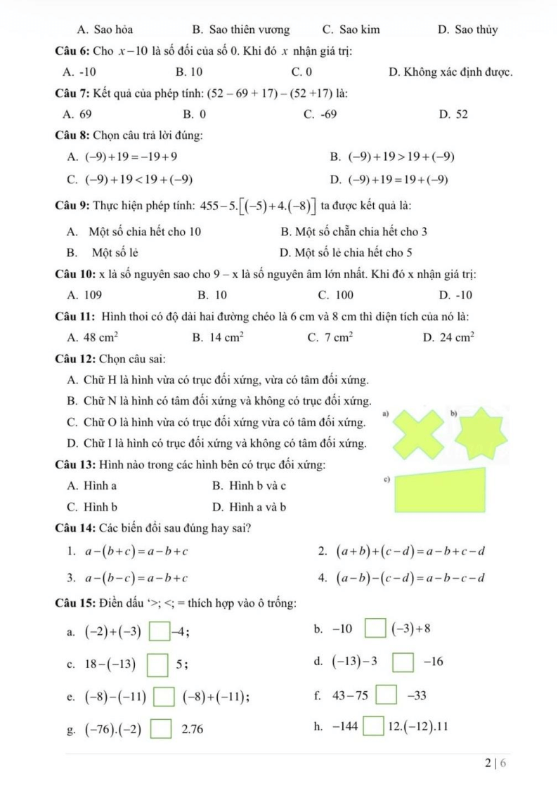 Đề cương ôn tập Học kì 1 Toán 6 trường THCS Nguyễn Trường Tộ năm 2025-2026