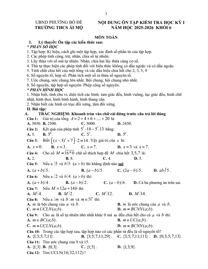 Đề cương ôn tập Học kì 1 Toán 6 trường THCS Ái Mộ năm 2025-2026