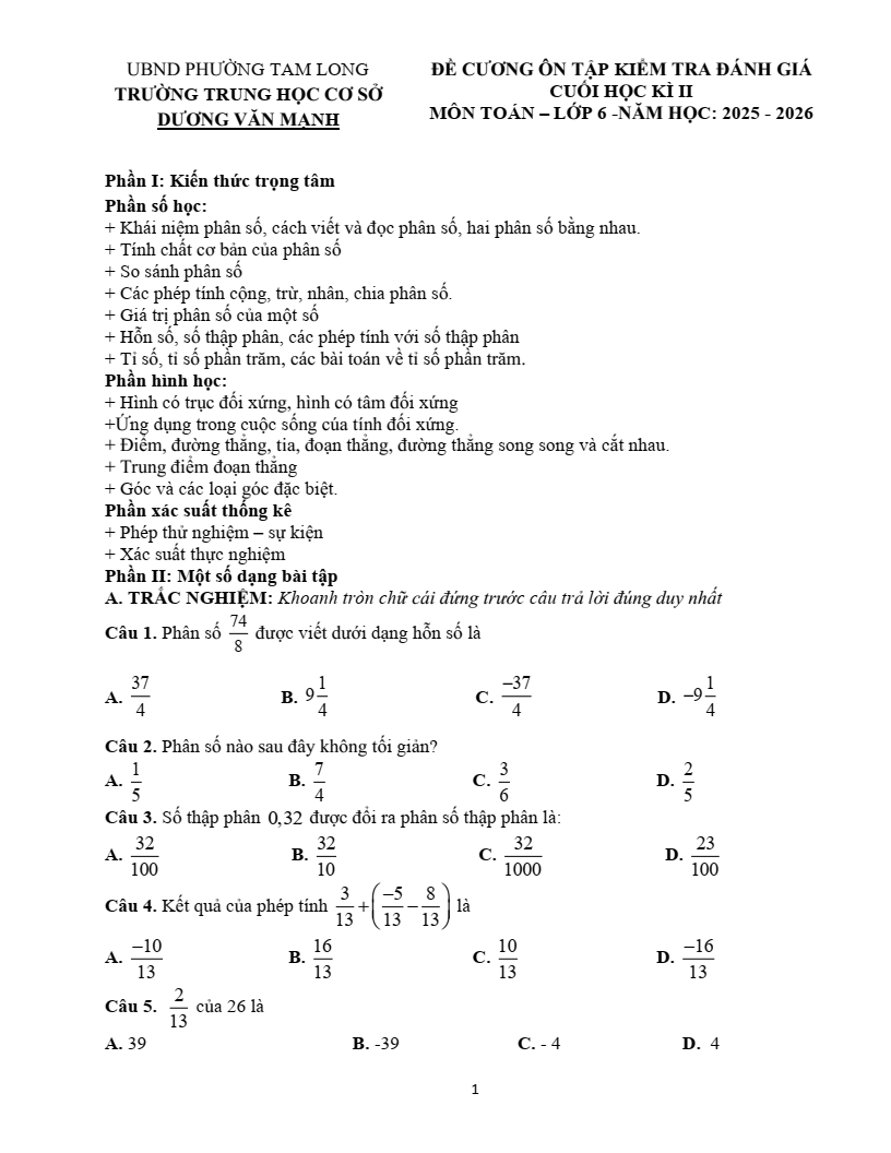 Đề cương ôn tập Học kì 2 Toán 6 trường THCS Dương Văn Mạnh (TP HCM) năm 2025-2026